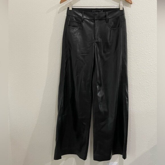 Alice + Olivia Vegan Leather Wide Leg Pants Black Chic Baggy Low Rise Designer - Picture 3 of 12